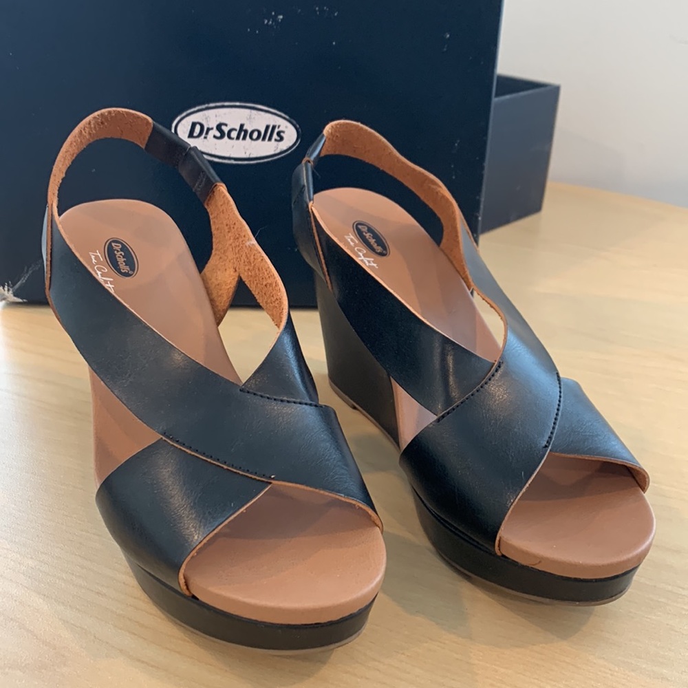 Dr Scholls Black Open Toe Block Wedge - image 1